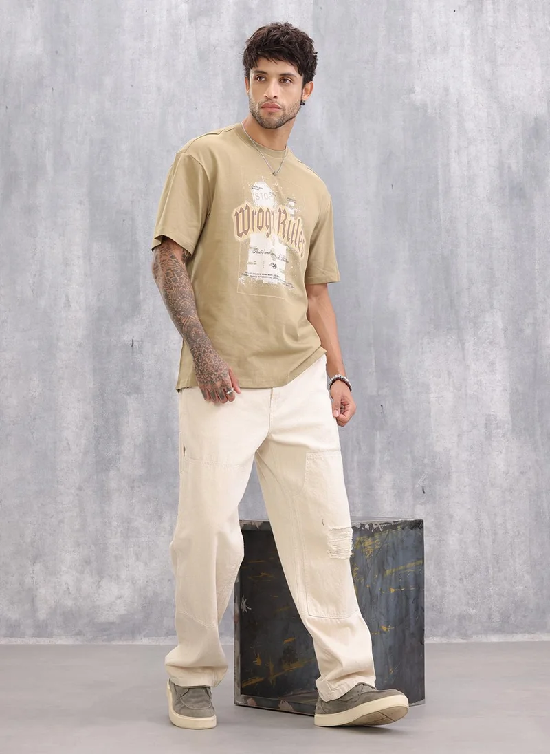 Wrogn Retro Graphic Printed Oversized Fit T-shirt | Beige
