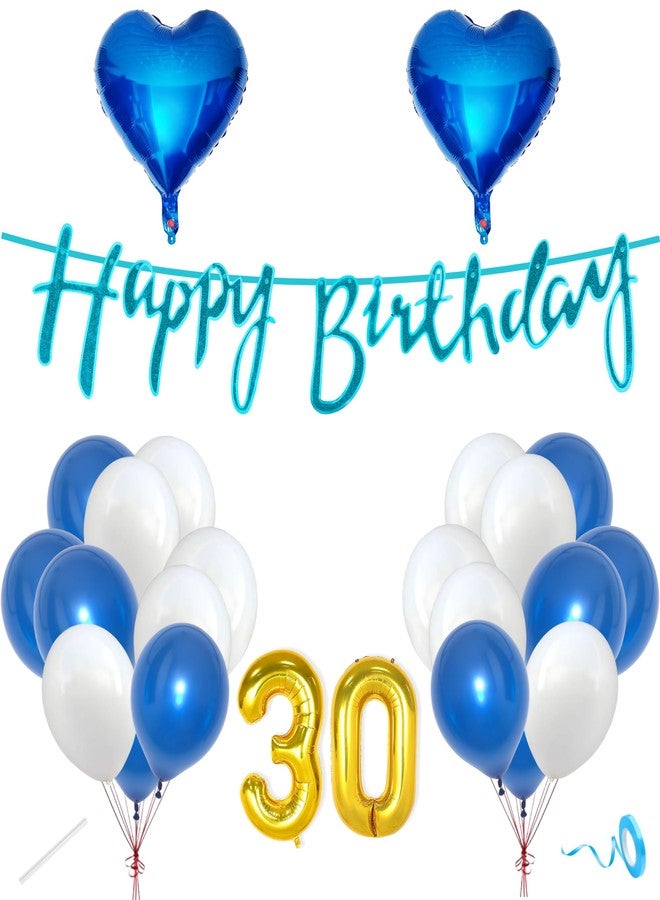 Flyloons طقم زينة عيد ميلاد سعيد الثلاثين من فلاي لونز، باللونين الأزرق والأبيض، مناسب للأولاد والبنات والأطفال والأزواج والزوجات والآباء والأمهات، يتضمن 20 بالونًا، لافتة عيد ميلاد، وقطعتين على شكل قلب. - Image 1