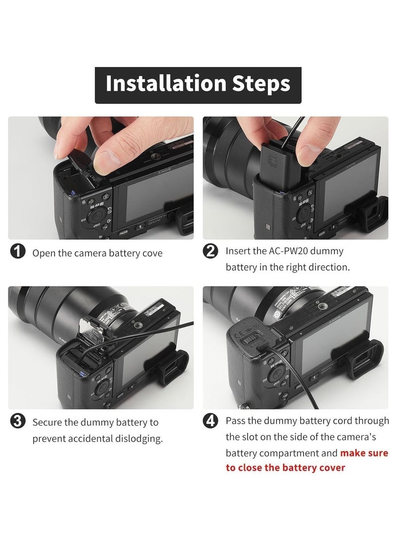 JAJEEK AC PW20 Power Supply Adapter & NP-FW50 Dummy Battery Kit for Sony Alpha Cameras – Compatible with A6500, A6400, A6300, A6100, A6000, A5100, A7 Series, RX10, ZV-E10 – Continuous Power for Photography and Videography - Image 3