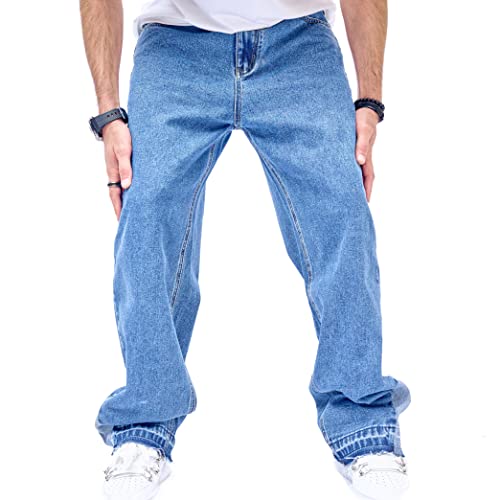 WEIBUMAOYI Men's Loose Fit Pants Relaxed-Fit Men Jeans Washed Oversize Straight Leg Carpenter Jean(333-darkblueplain-34) - Image 3