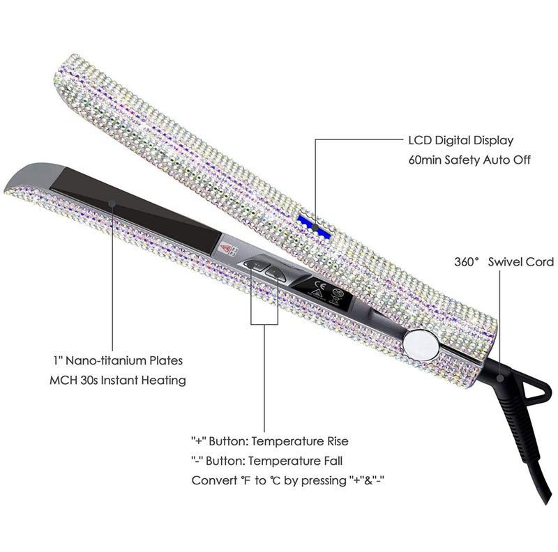 DORISILK 480Â°F High Temp Hair Straightener and Curler, Titanium Flat Iron Rhinestone Straightening Iron, 2 in 1 Straightening Curling 1â€œ Salon Professional Dual Voltage Crystal Bling Rose Pink - Image 4