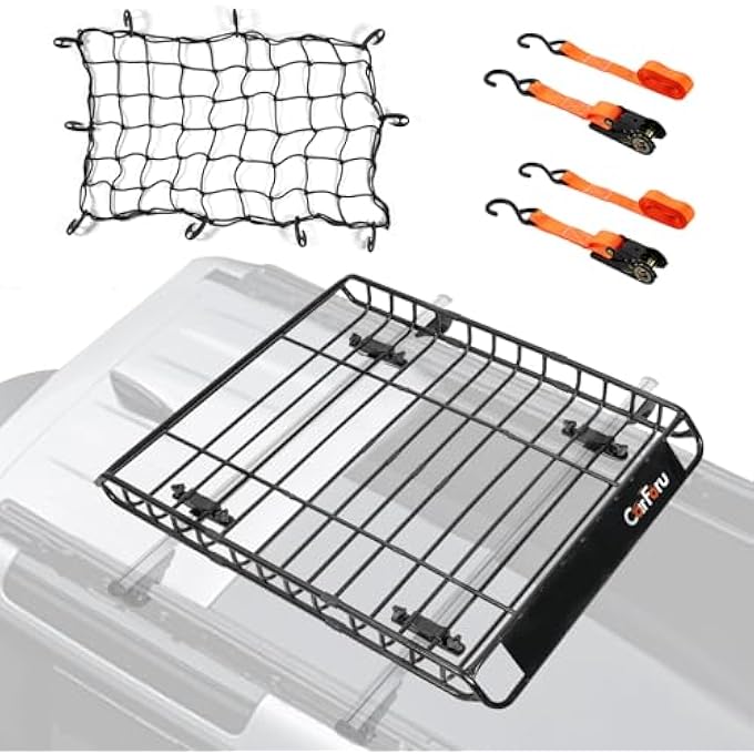 rayihni Roof Rack Basket 51 X 36 X 5 Upgraded Universal Rooftop Cargo Basket, Heavy Duty 250LB Cargo Basket Car Roof Basket for SUV, Truck, Cargo Net with Attachment Hooks, 2pcs Ratchet Straps - Image 1