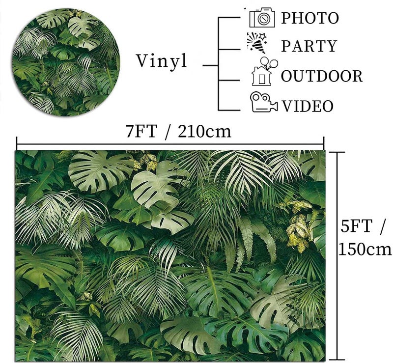 Fanghui Summer Green Tropical Palm Leaves Photography Backdrop 7 * 5ft Jungle Safari Plants Photo Background for Hawaiian Luau Party Decor Banner Birthday Baby Shower Palm Sunday Party Supplies - Image 5