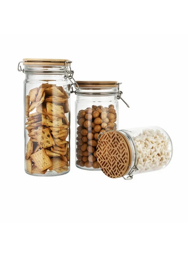 Bien Servi 3-Piece Glass Jar Set with Stainless Steel Clip Clear and Brown 25.6 x 10.5 x 31.5 cm 33121