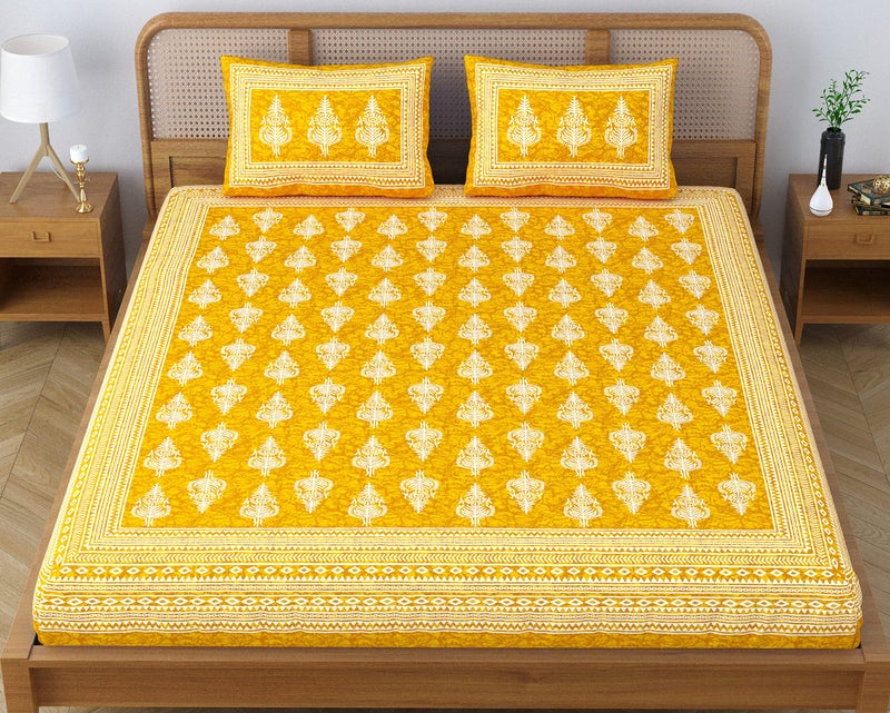 SheetKart Motif Floral 144 TC 100% Cotton Double Bedsheet Jaipuri Printed Bed Cover with 2 Pillow Covers - Summer Yellow - Image 2