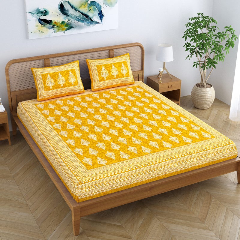 SheetKart Motif Floral 144 TC 100% Cotton Double Bedsheet Jaipuri Printed Bed Cover with 2 Pillow Covers - Summer Yellow - Image 3