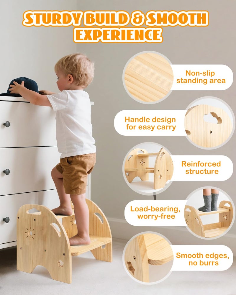 AtMini Wooden Toddler Step Stool for Kids - Non Slip 2 Step Stool with Handles for Bathroom Sink, Potty Training, Kitchen - Image 5