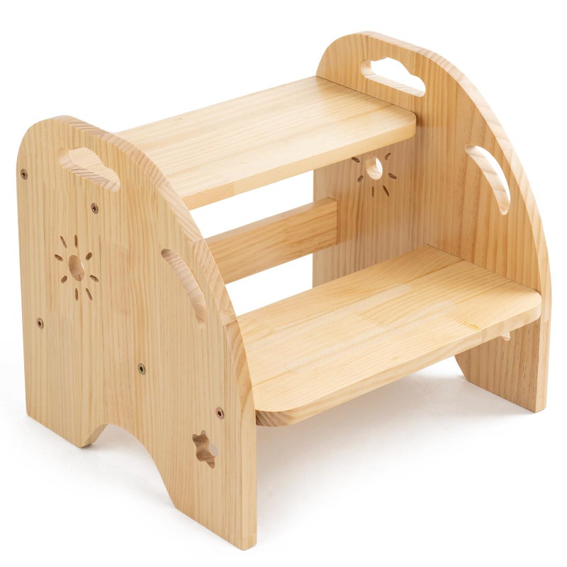 AtMini Wooden Toddler Step Stool for Kids - Non Slip 2 Step Stool with Handles for Bathroom Sink, Potty Training, Kitchen - Image 1
