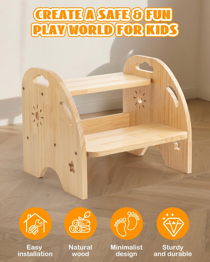AtMini Wooden Toddler Step Stool for Kids - Non Slip 2 Step Stool with Handles for Bathroom Sink, Potty Training, Kitchen - Image 4