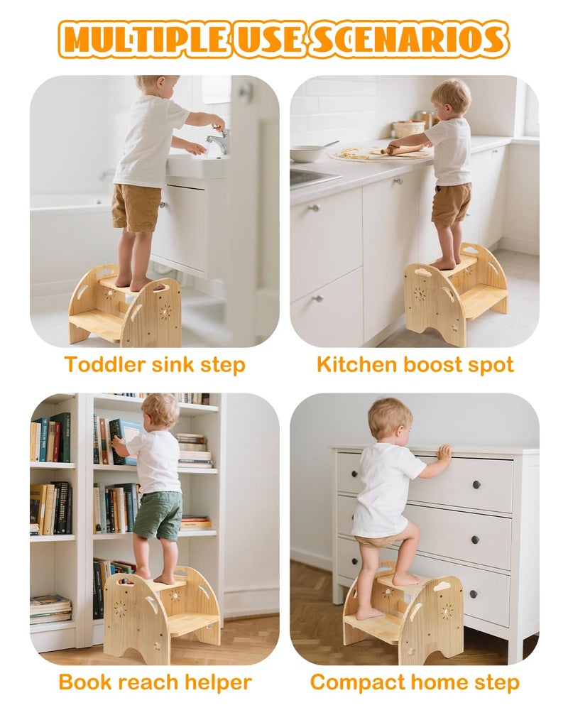 AtMini Wooden Toddler Step Stool for Kids - Non Slip 2 Step Stool with Handles for Bathroom Sink, Potty Training, Kitchen - Image 2