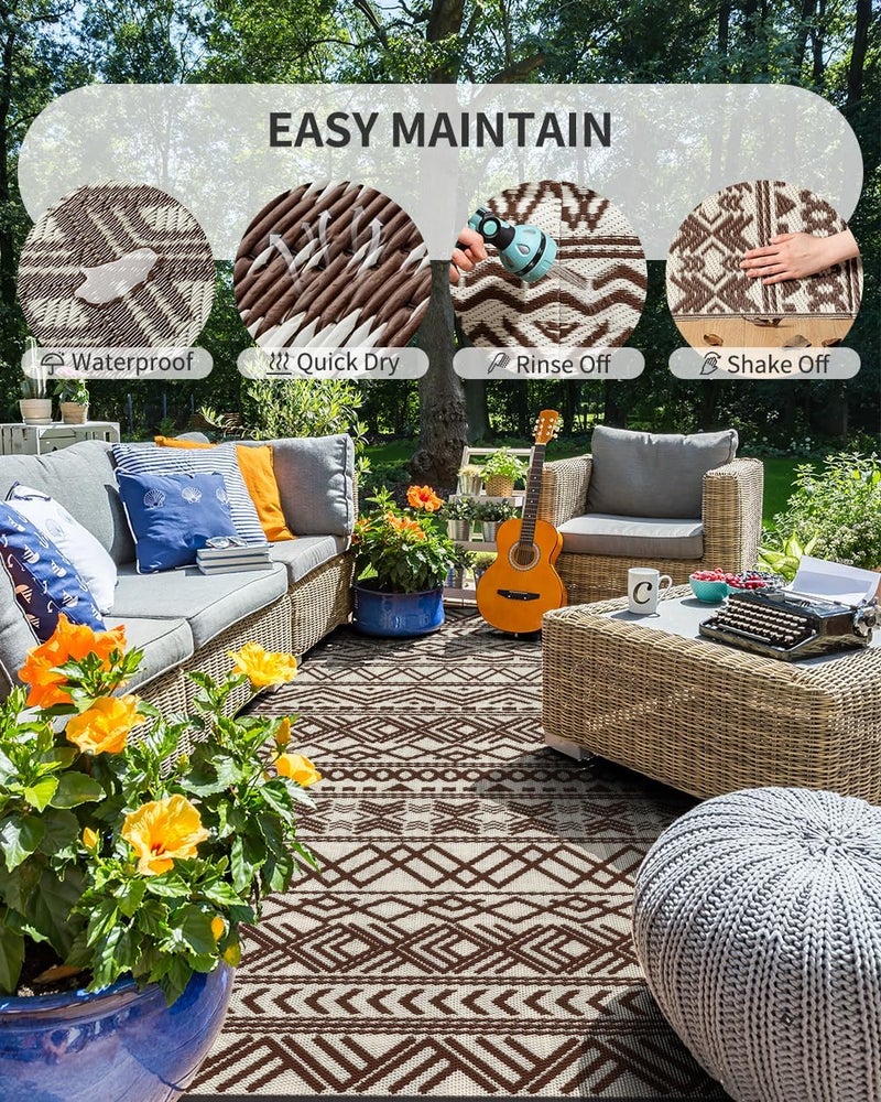 MontVoo Outdoor Rug 8x10 Waterproof Outdoor Patio Rug Mat Reverisble Plastic Straw Outdoor Rug for RV Camping Picnic Beach Balcony Boho Beige Brown - Image 2