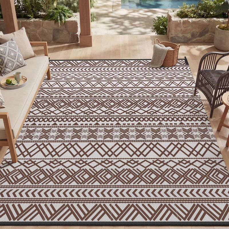MontVoo Outdoor Rug 8x10 Waterproof Outdoor Patio Rug Mat Reverisble Plastic Straw Outdoor Rug for RV Camping Picnic Beach Balcony Boho Beige Brown - Image 1