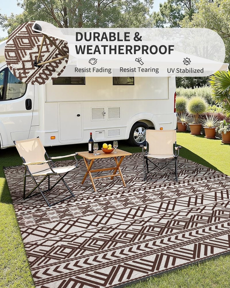 MontVoo Outdoor Rug 8x10 Waterproof Outdoor Patio Rug Mat Reverisble Plastic Straw Outdoor Rug for RV Camping Picnic Beach Balcony Boho Beige Brown - Image 3