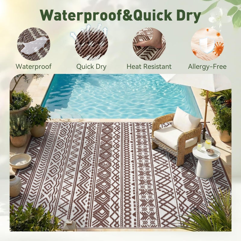 MontVoo Outdoor Rug 8x10 Waterproof Outdoor Patio Rug Mat Reverisble Plastic Straw Outdoor Rug for RV Camping Picnic Beach Balcony Boho Beige Brown - Image 4