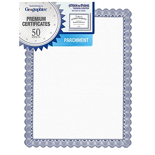 Geographics Conventional Blue Certificate 24 lb 11 x 850 Inkjet Laser Compatible Blue with White Border50 Pack - Image 1