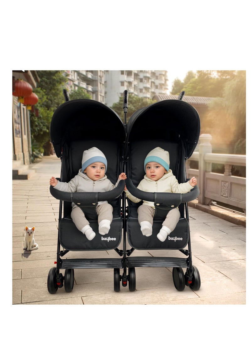 BAYBEE 2 in 1 Twin Baby Stroller For Newborn Babies, Double Seat Stroller Twins with Adjustable Canopy, Safety Guardrail, Wheel Lock & Parental Handle | Toddler Stroller for Baby 0 to 4 Years Boy Girl Black - Image 2