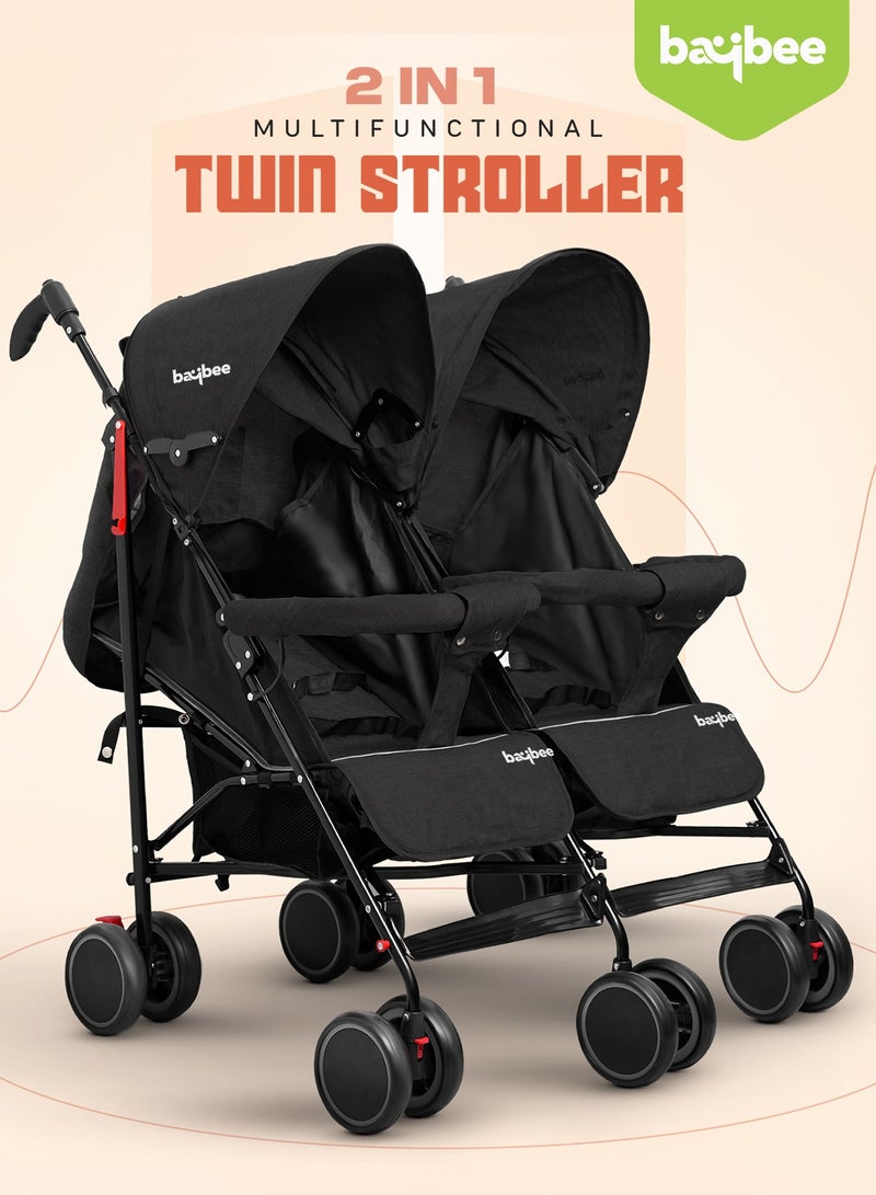 BAYBEE 2 in 1 Twin Baby Stroller For Newborn Babies, Double Seat Stroller Twins with Adjustable Canopy, Safety Guardrail, Wheel Lock & Parental Handle | Toddler Stroller for Baby 0 to 4 Years Boy Girl Black - Image 3
