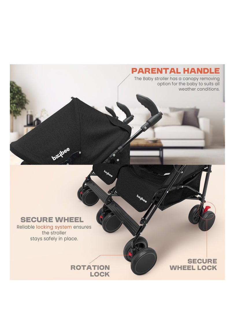 BAYBEE 2 in 1 Twin Baby Stroller For Newborn Babies, Double Seat Stroller Twins with Adjustable Canopy, Safety Guardrail, Wheel Lock & Parental Handle | Toddler Stroller for Baby 0 to 4 Years Boy Girl Black - Image 5