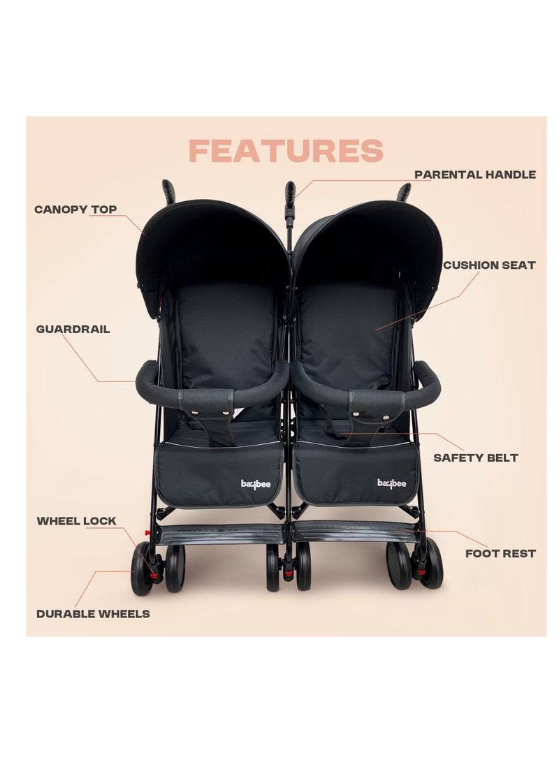 BAYBEE 2 in 1 Twin Baby Stroller For Newborn Babies, Double Seat Stroller Twins with Adjustable Canopy, Safety Guardrail, Wheel Lock & Parental Handle | Toddler Stroller for Baby 0 to 4 Years Boy Girl Black - Image 4