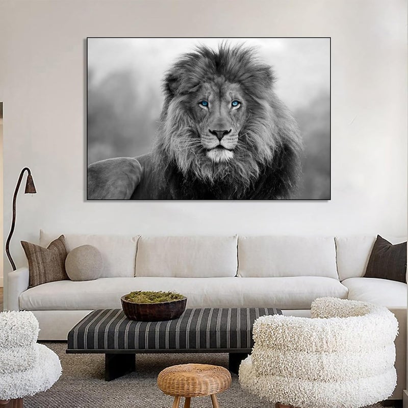 Wallvelart لوحة حائط قماشية لأسد أبيض وأسود - مطبوعات ملصقات حيوانات برية - لوحة فنية تجريدية بعيون زرقاء - عمل فني قماشي مقاس 16×24 بوصة بدون إطار - Image 5