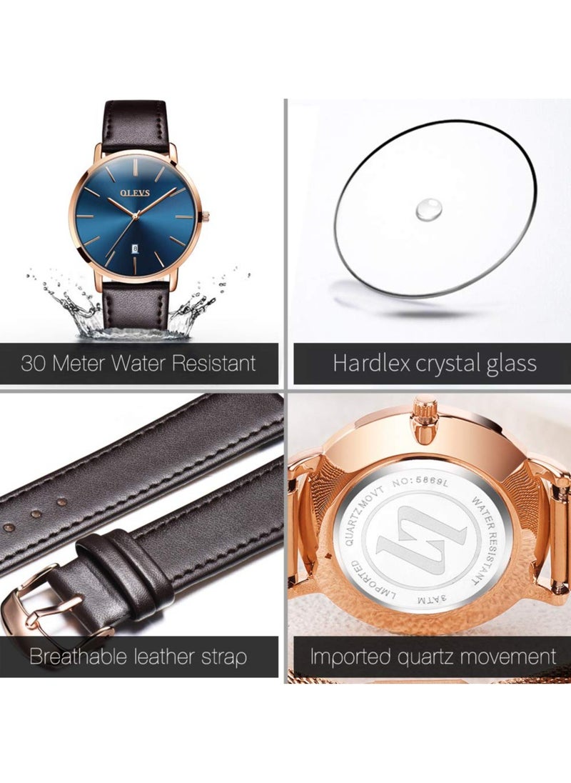 OLEVS - OLEVS Mens Watches Minimalist Ultra Thin Fashion Casual Analog Quartz Date Watch Waterproof Slim Simple Big Face Dress Wrist Watch with Retro Leather Band for Men - Image 1