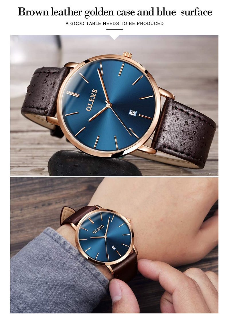 OLEVS - OLEVS Mens Watches Minimalist Ultra Thin Fashion Casual Analog Quartz Date Watch Waterproof Slim Simple Big Face Dress Wrist Watch with Retro Leather Band for Men - Image 1