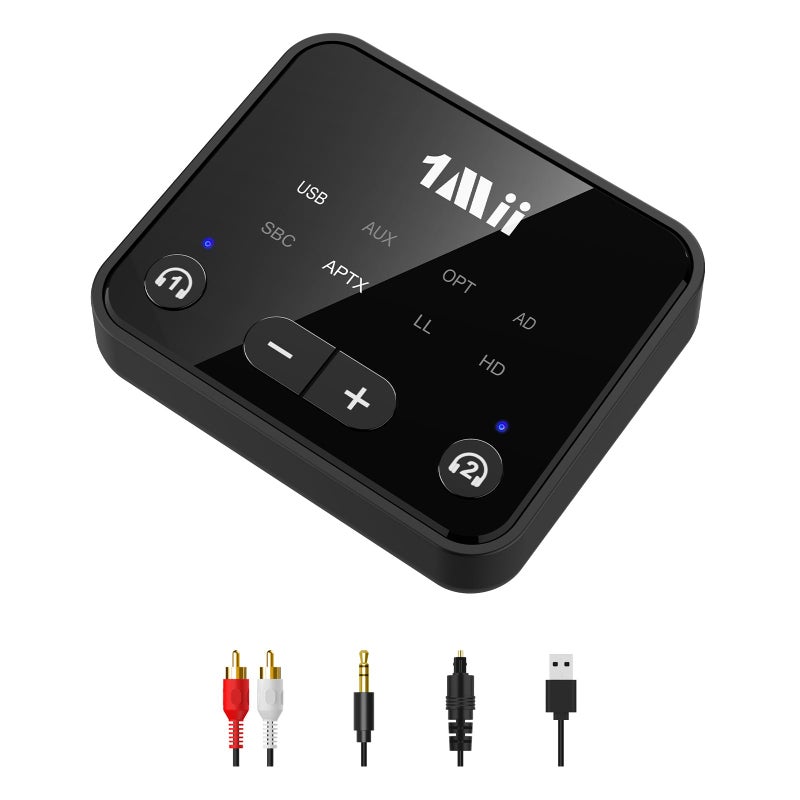 1Mii Bluetooth 5.3 Transmitter for TV to 2 Wireless Headphones, Long Range 100ft Bluetooth Adapter for TV aptX Adaptive & HD/Volume Control, Optical/USB/AUX/RCA Audio Inputs - Image 1