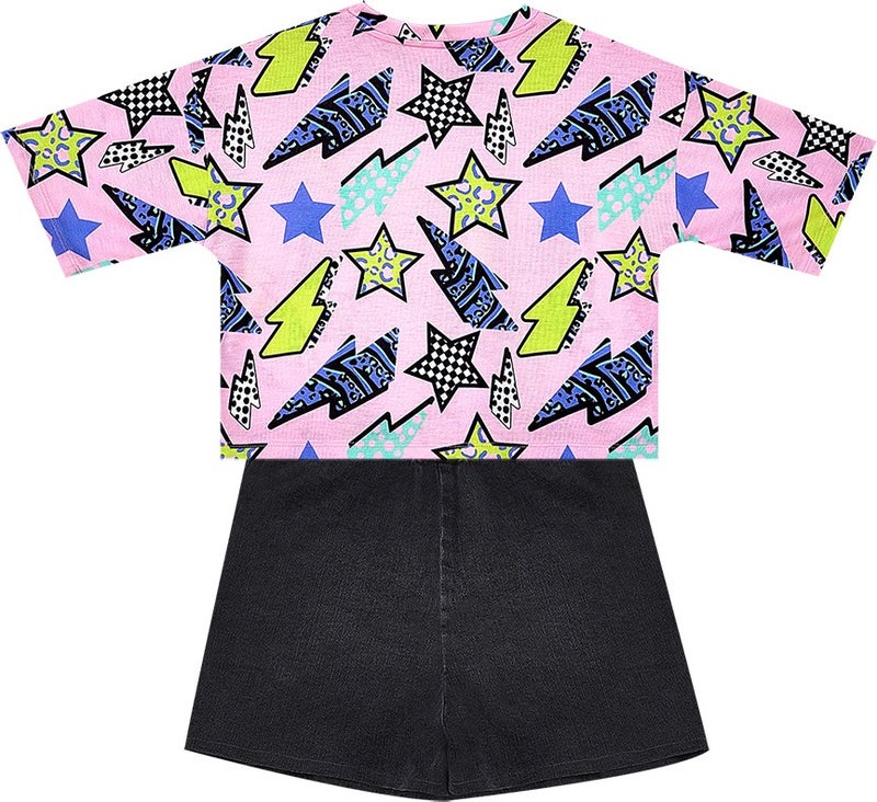 Mshb&G Star and Lightning Girls T-Shirt Denim Shorts Set - Image 4
