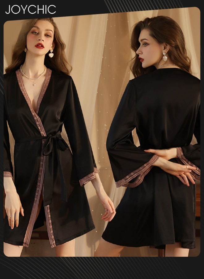 Joychic Silky Satin Pajamas Women Ice Silk Long-sleeved Silk Lace Nightgown with Delicate Lace Cuffs Black - Image 1