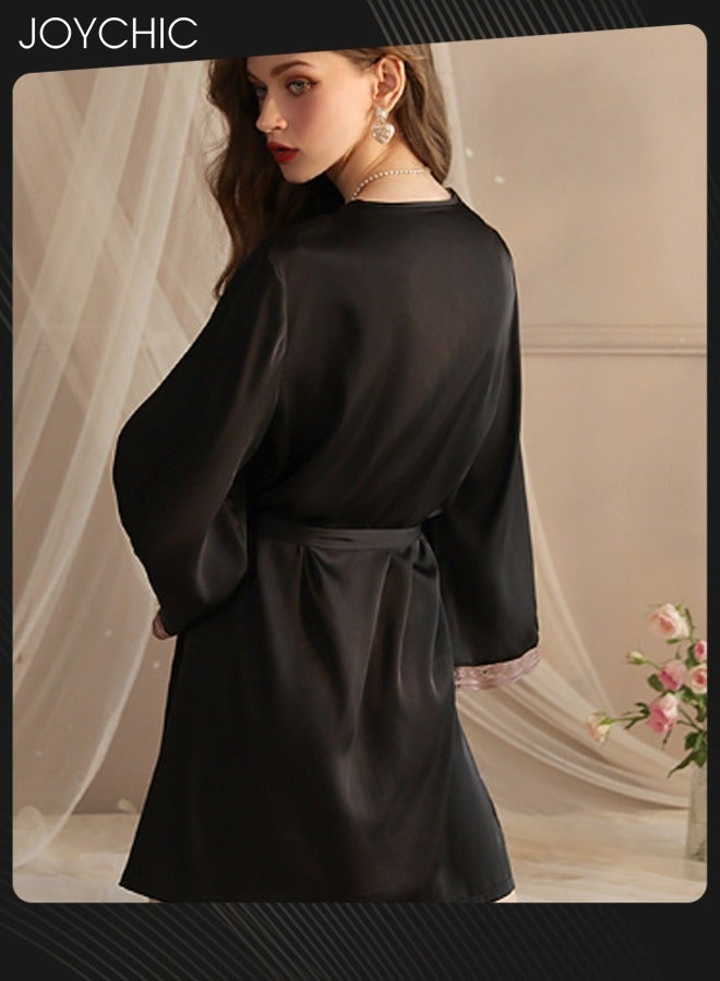 Joychic Silky Satin Pajamas Women Ice Silk Long-sleeved Silk Lace Nightgown with Delicate Lace Cuffs Black - Image 3