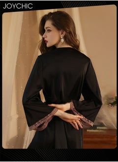 Joychic Silky Satin Pajamas Women Ice Silk Long-sleeved Silk Lace Nightgown with Delicate Lace Cuffs Black  - Image 4