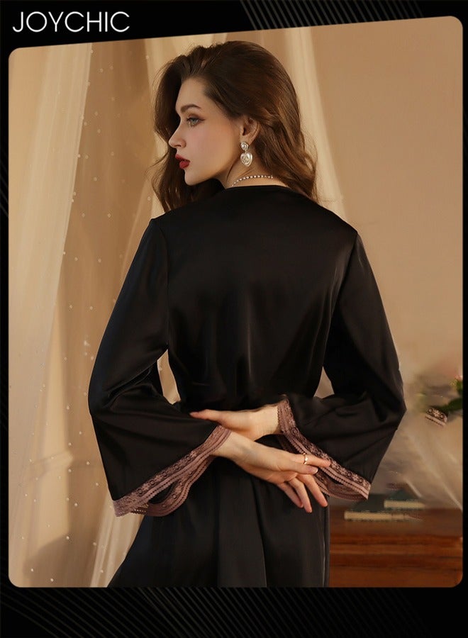 Joychic Silky Satin Pajamas Women Ice Silk Long-sleeved Silk Lace Nightgown with Delicate Lace Cuffs Black - Image 4