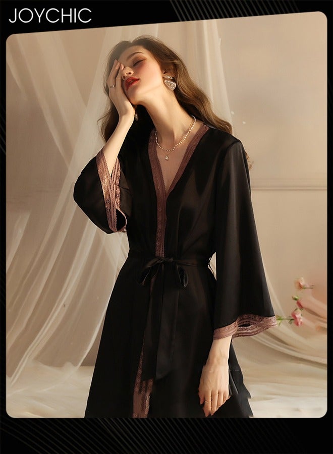 Joychic Silky Satin Pajamas Women Ice Silk Long-sleeved Silk Lace Nightgown with Delicate Lace Cuffs Black - Image 2