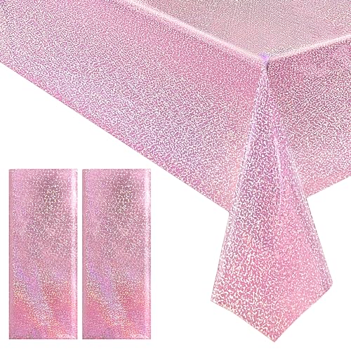 Just Shimmer 2 pcs Pale Pink Holographic Laser Tablecloths Light Pink Shiny Table Covers 40" x 108" Foil Disposable Rectangle Table cloths for Girl Birthday Party Wedding Anniversary Bachelorette Baby Shower Décor - Image 1