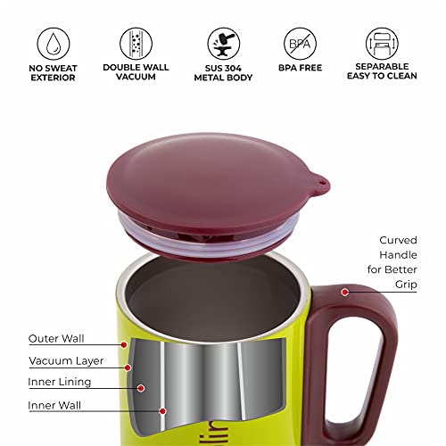 DUBBLIN Polo Stainless Steel Unbreakable Tea Coffee Mug Double Wall with Handle and Lid, Wide Mouth Mug Keeps Beverages Hot & Cold 270 ML Parrot Green - Image 2