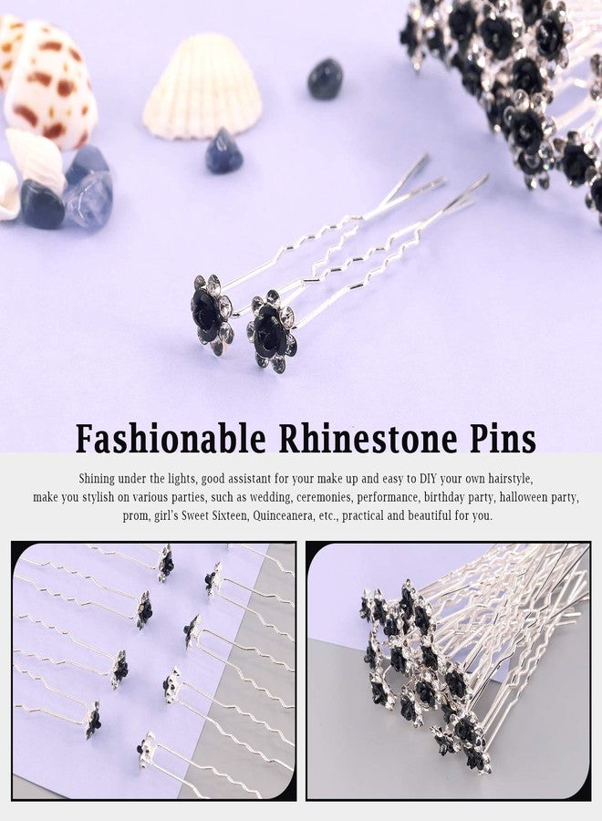 Rustark 40 Pcs Black Crystal Hair Pins Rose Flower Rhinestone Hair Clips U Shaped Hair Pins Bobby Pins Bun Hairpins for Wedding Bridal Women Hair Jewelry Accessories with Storage Case - Image 4