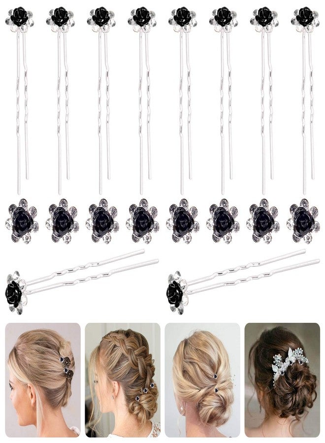 Rustark 40 Pcs Black Crystal Hair Pins Rose Flower Rhinestone Hair Clips U Shaped Hair Pins Bobby Pins Bun Hairpins for Wedding Bridal Women Hair Jewelry Accessories with Storage Case - Image 1