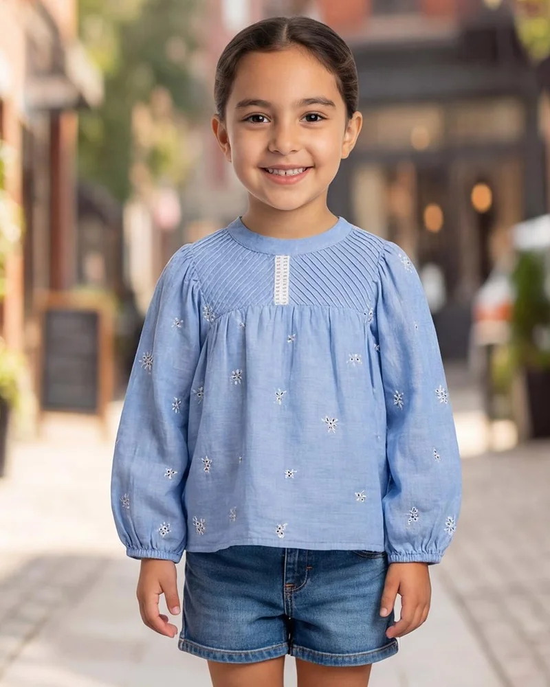REDTAG Girls Blue Embroidered Woven Blouse