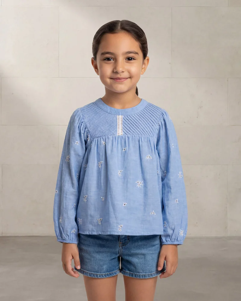 REDTAG Girls Blue Embroidered Woven Blouse