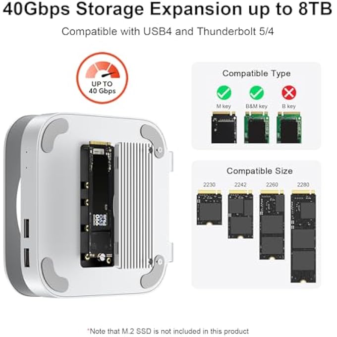 rayihni 40GBPS MAC MINI M4/M4 PRO STAND HUB WITH USB4 NVME SSD ENCLOSURE, USB-C HOST, 3 USB-A 2.0, 3.5MM AUDIO, SUPPORTS M.2 PCIE UP TO 8TB, COMPATIBLE WITH THUNDERBOLT 4/5 - Image 3