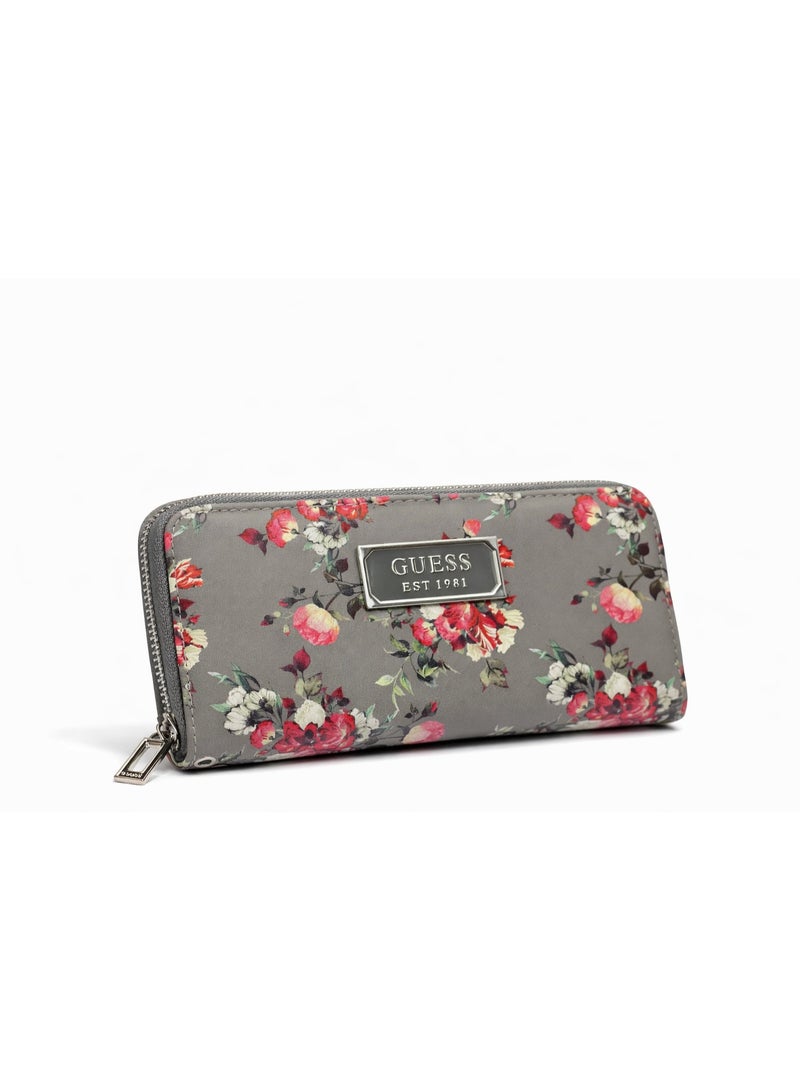 GUESS Floral Print Zip-Around Wallet with Metal Logo Plate – Grey
