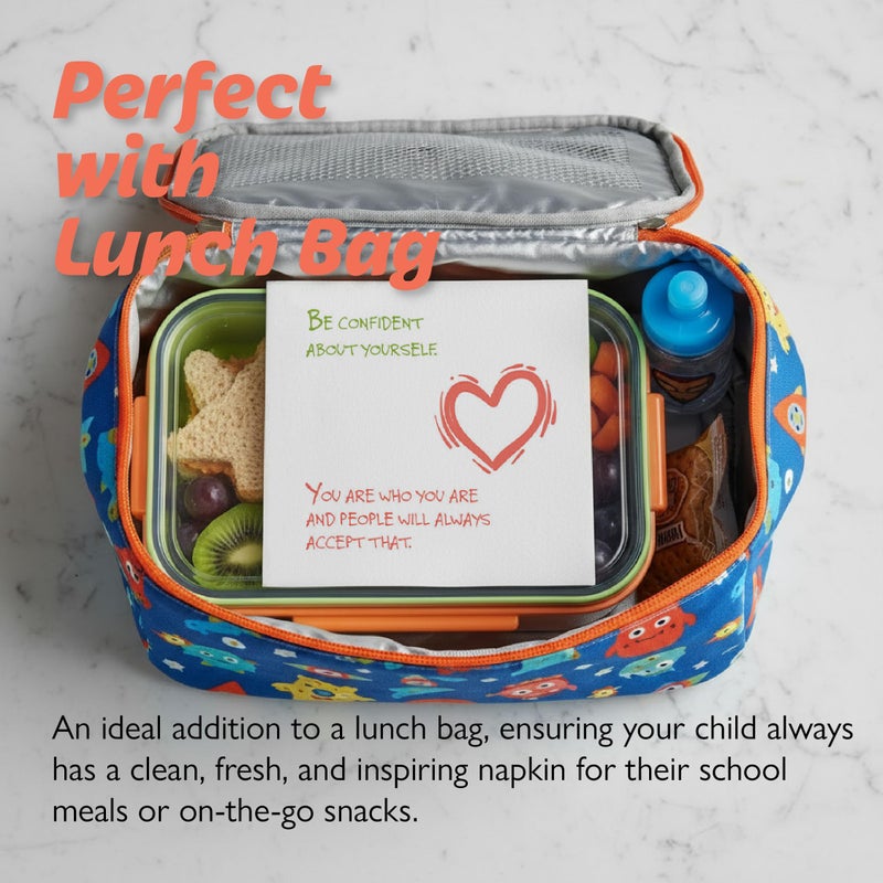 Chrome Cherry Tiny Truths Lunch Notes for Kids - 50 Motivational Affirmations for Emotional Intelligence on 3-Ply Highly Absorbent Paper Napkins for Lunch Boxes & School - Image 5