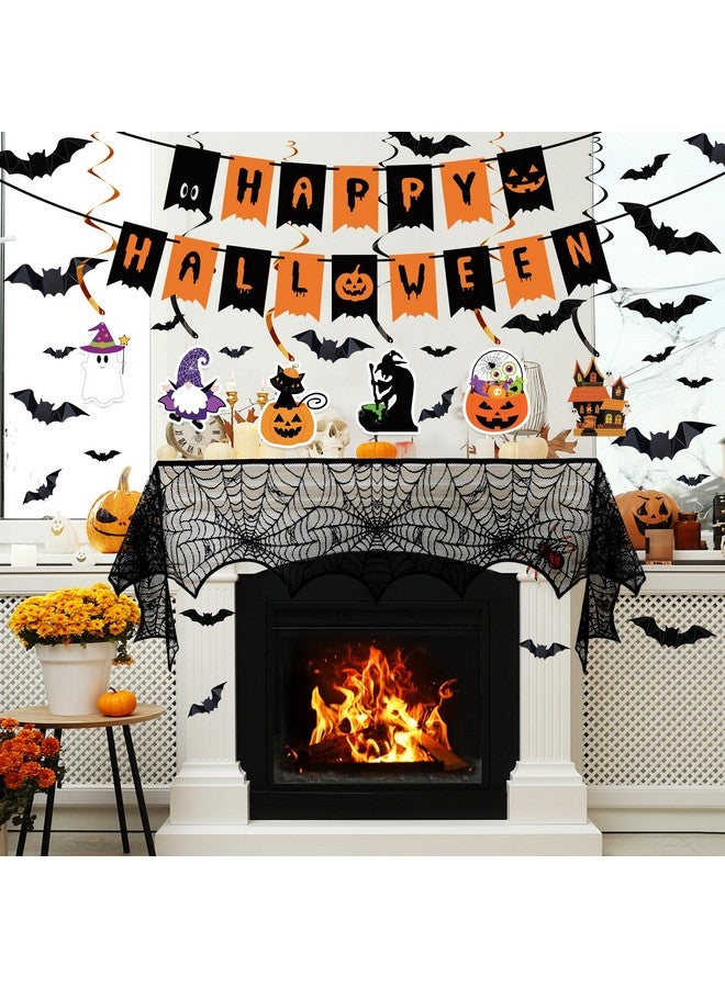 Partyprops Halloween Decorations Indoor Set - Halloween Festive Decor Happy Halloween Banner Hanging Swirls & Spider Web Table Runner & Mantel Scarf & 3D Bat Sticker for Spooky Haunted House Home Kitchen Decor - Image 3