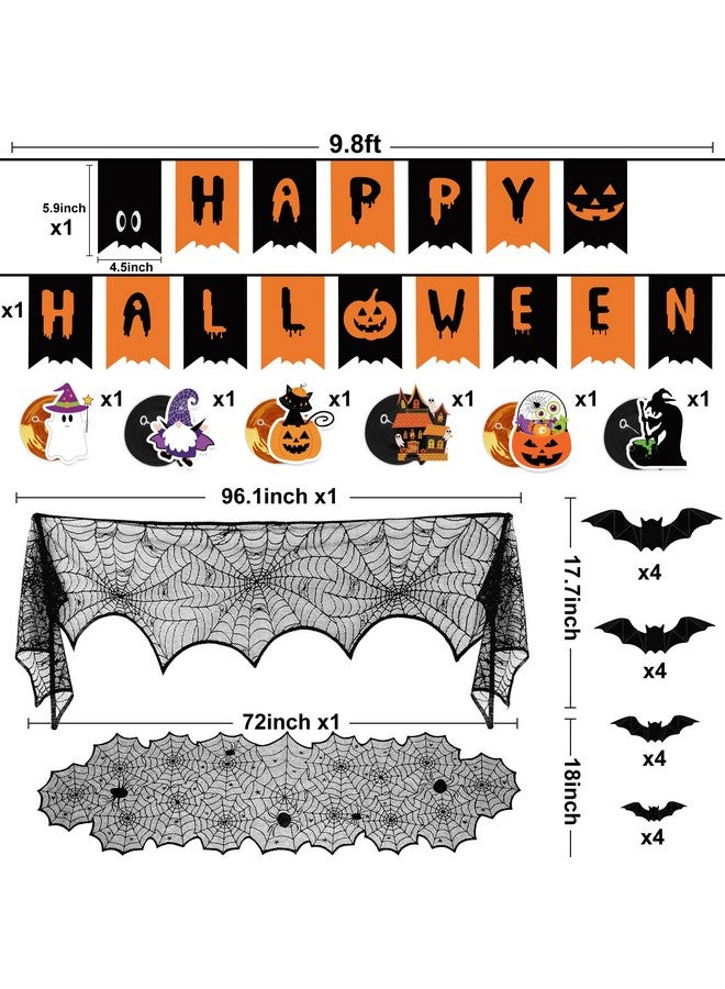 Partyprops Halloween Decorations Indoor Set - Halloween Festive Decor Happy Halloween Banner Hanging Swirls & Spider Web Table Runner & Mantel Scarf & 3D Bat Sticker for Spooky Haunted House Home Kitchen Decor - Image 2