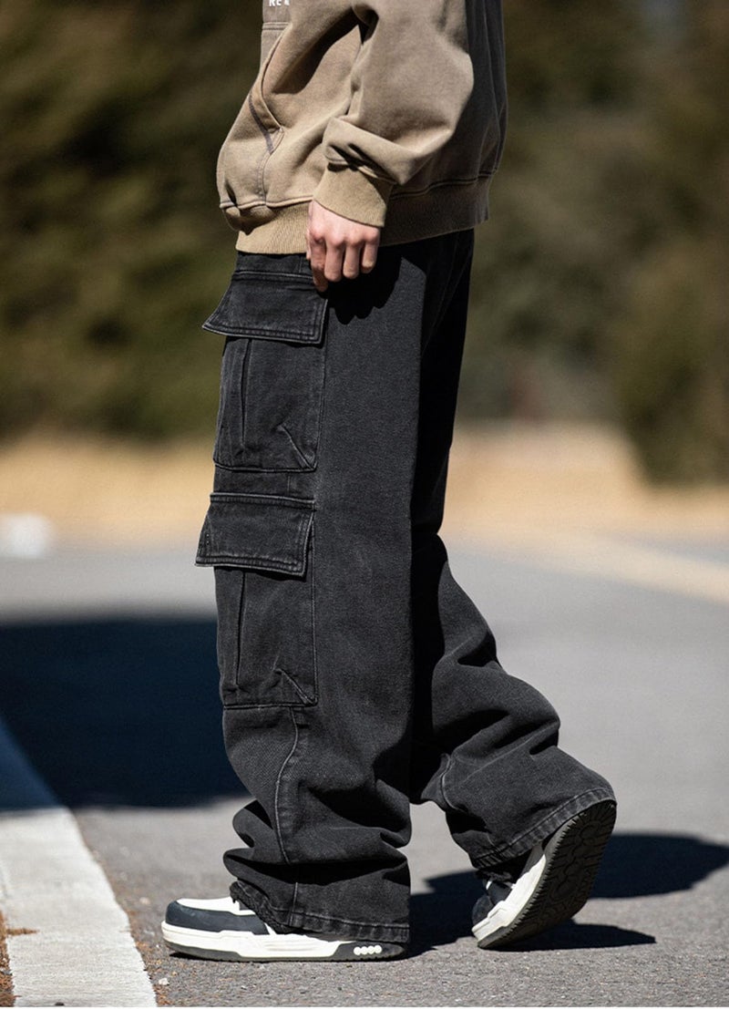 HBER Baggy Cargo Jeans Men Teen Boys Casual Loose Jeans Flap Pockets Y2k Denim Pants 90s Hip Hop Streetwear Black - Image 2
