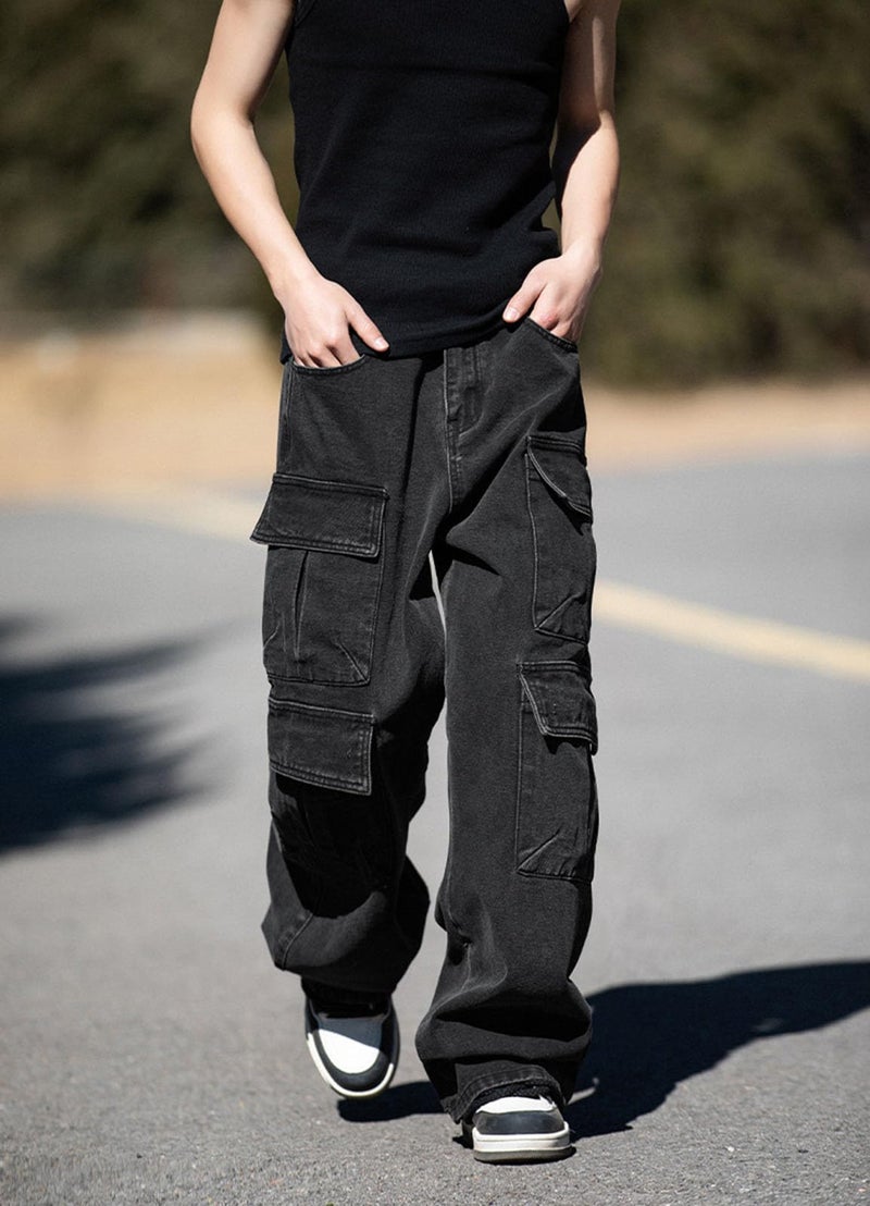 HBER Baggy Cargo Jeans Men Teen Boys Casual Loose Jeans Flap Pockets Y2k Denim Pants 90s Hip Hop Streetwear Black - Image 4