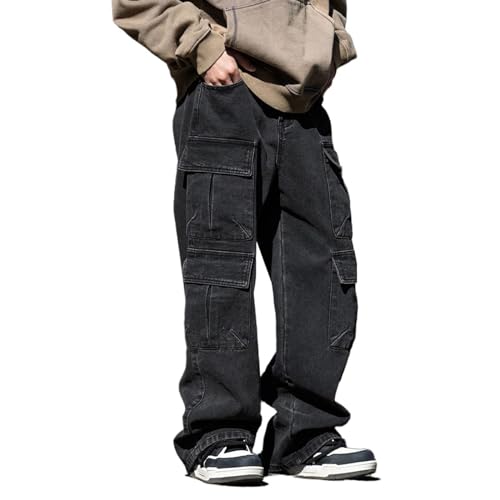 HBER Baggy Cargo Jeans Men Teen Boys Casual Loose Jeans Flap Pockets Y2k Denim Pants 90s Hip Hop Streetwear Black - Image 1