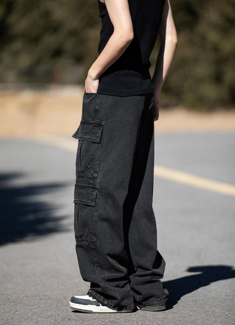 HBER Baggy Cargo Jeans Men Teen Boys Casual Loose Jeans Flap Pockets Y2k Denim Pants 90s Hip Hop Streetwear Black - Image 3