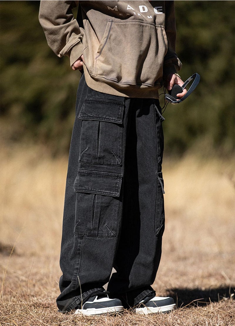 HBER Baggy Cargo Jeans Men Teen Boys Casual Loose Jeans Flap Pockets Y2k Denim Pants 90s Hip Hop Streetwear Black - Image 5