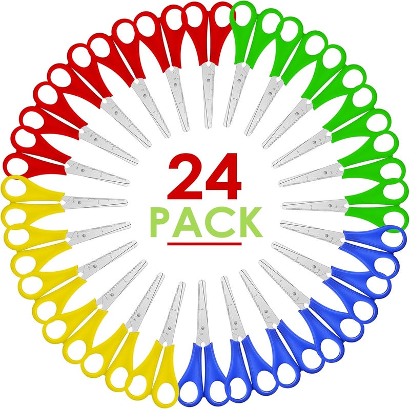 Ultimate Stationery مقص أطفال 5 بوصة مقص أمان 24 قطعة مقص أطفال مقص لليد اليمنى واليسرى مقص بألوان متنوعة مقص للمدارس للأطفال مقص ذو رأس غير حاد - Image 1